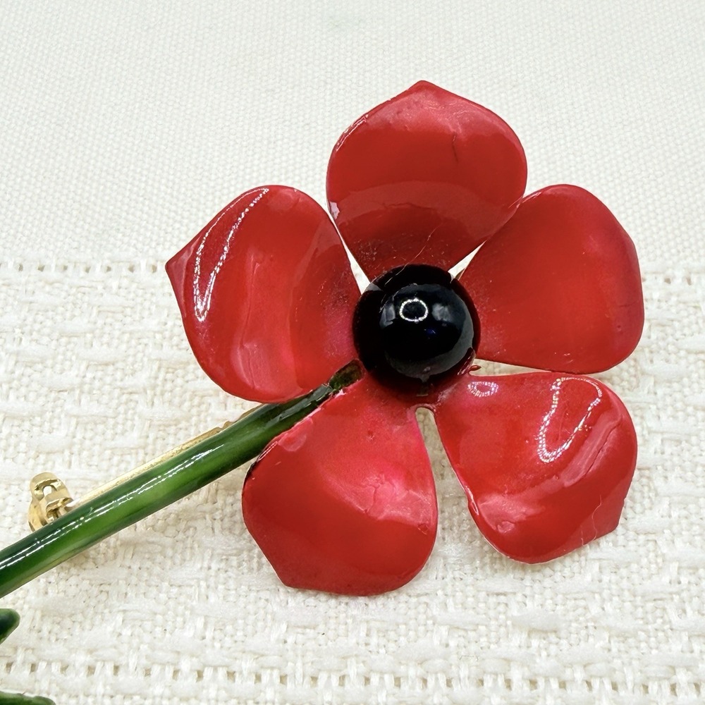 Vintage Original by Robert Red & Black Poppy Enamel Flower Brooch Pin 3" 1960s